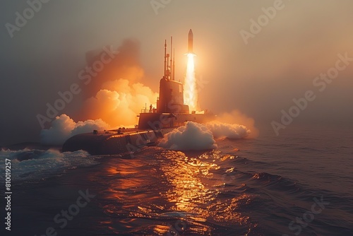 A dramatic scene of a submarine breaking the ocean’s surface to launch a missile, set against a stunning sunset sky