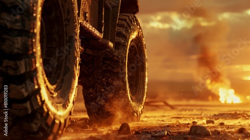 Close-up of muddy tires on a 4x4 vehicle against a fiery sunset backdrop