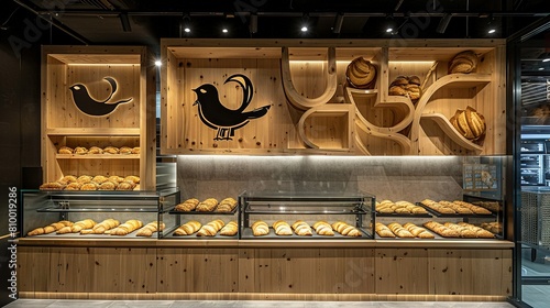   A bakery filled with an array of pastries displayed in a glass case adjacent to a wall of shelves photo