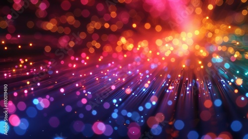 Close-up of multicolored fiber optic strands glowing intensely. © sitimutliatul