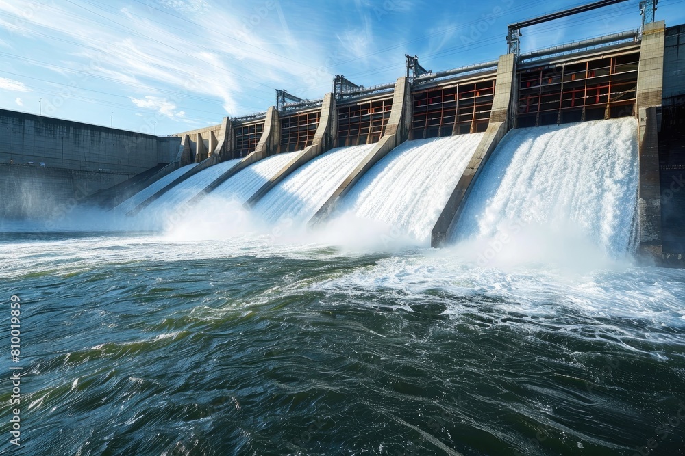 A majestic hydroelectric dam with cascading water, generating clean electricity through renewable resources. A majestic hydroelectric dam with cascading water, generating clean electricity through renewable resources.