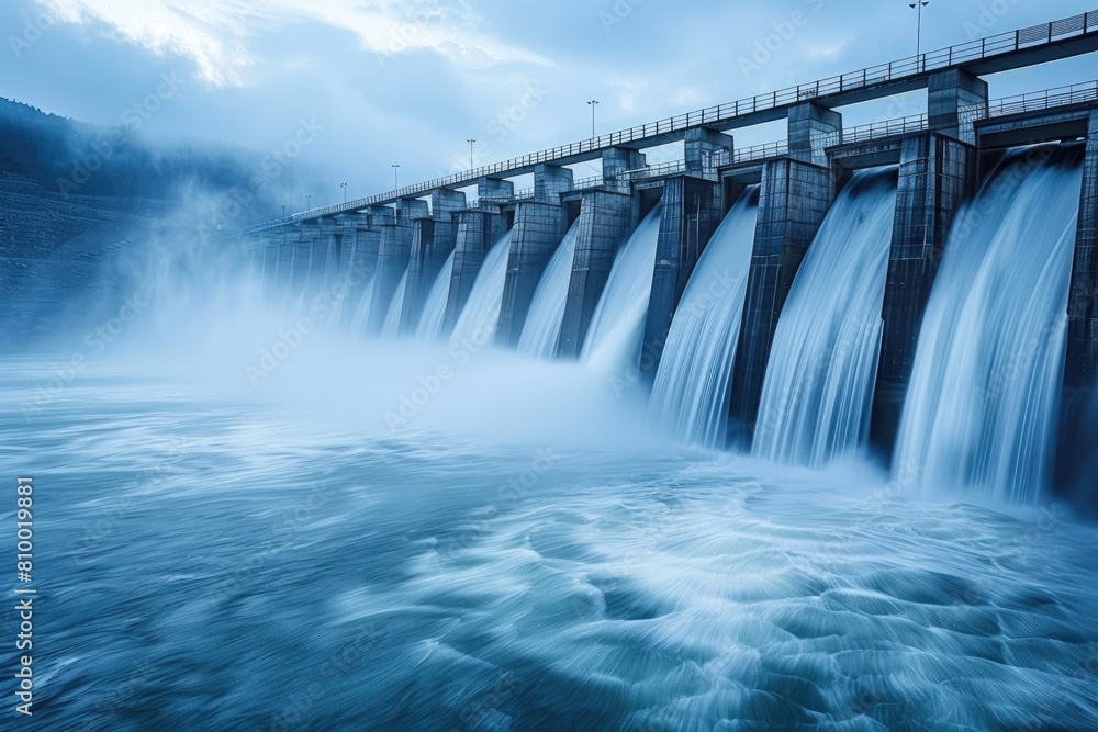 A majestic hydroelectric dam with cascading water, generating clean electricity through renewable resources. A majestic hydroelectric dam with cascading water, generating clean electricity through renewable resources.