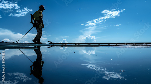 Worker repairs a rooftop on a clear day reflected, generative ai