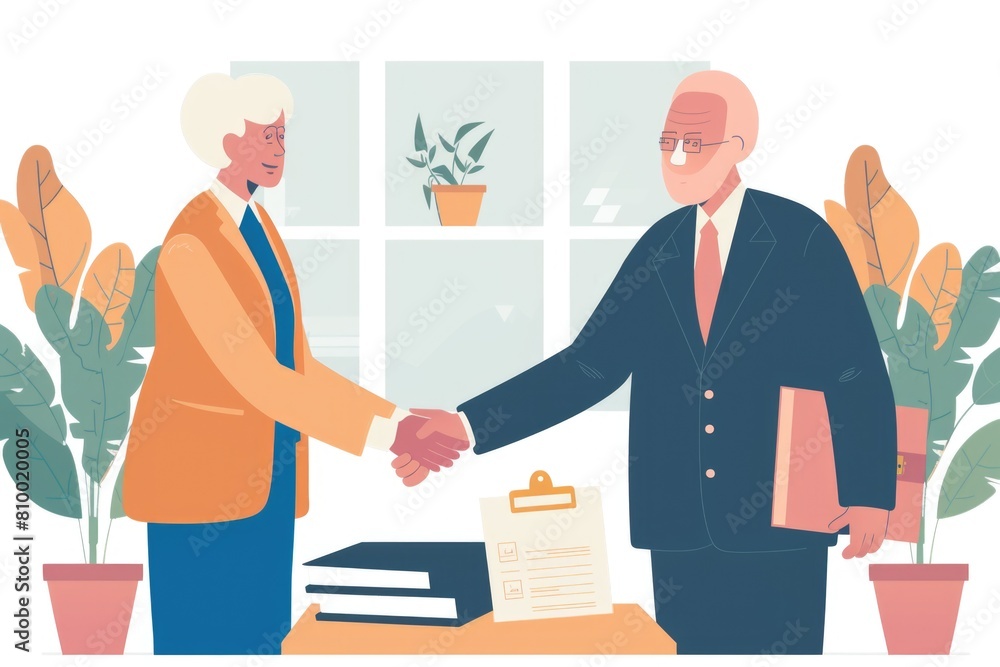 Obraz premium Business people shaking hands in office setting, suitable for corporate use