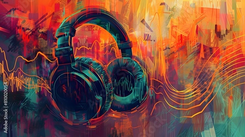 Pulsating Rhythms of Urban Harmony Digital Painting of Headphones and Equalizer in Vibrant Hues
