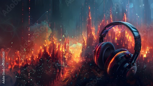 Orchestral Opus Headphones Visualizing the Grandeur of Symphonic Music with Soaring Strings and Majestic Brass photo