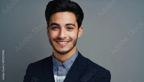  Young man with beautiful smile on grey background. Teeth whitening