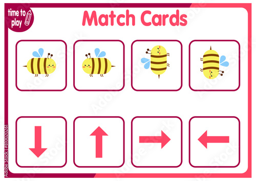 Educational worksheet for preschool children. Orientation in space. Left and right from top to bottom with cute cartoon bees