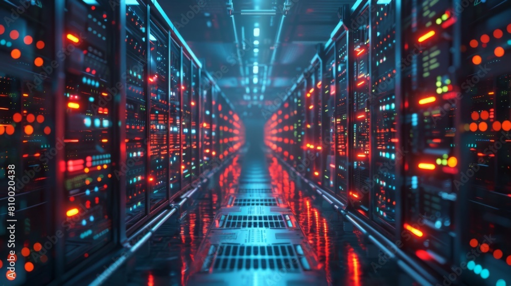 Obraz premium Aisle between advanced server racks glowing with LED lights in a high-tech data center.