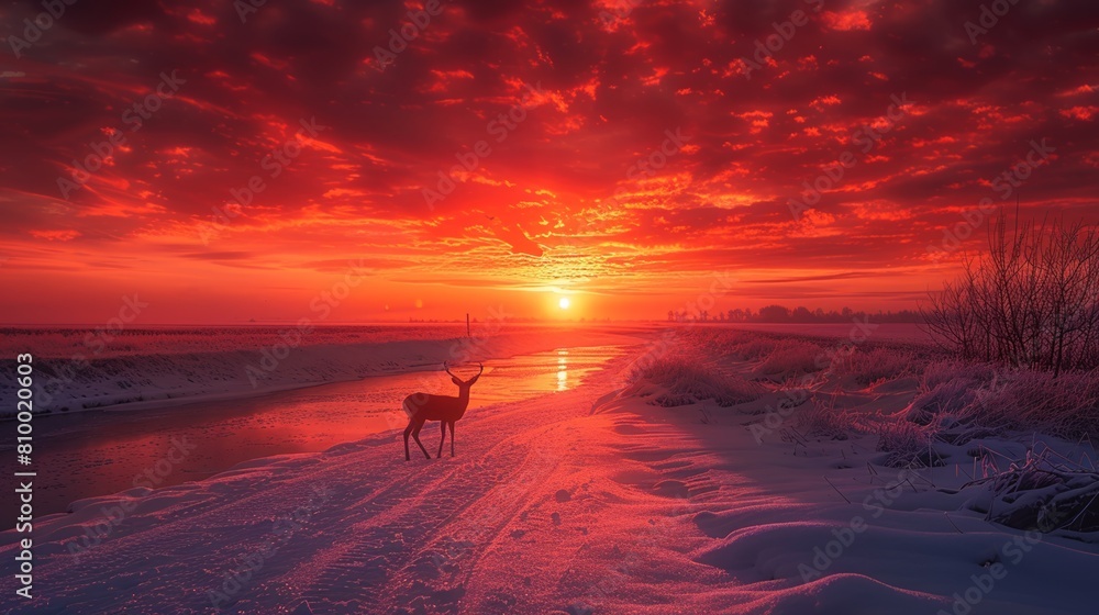 Lone deer on a snowy evening path under a fiery sunset that bathes the landscape in a red glow.