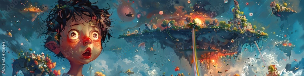 Child Exploring Surreal Dreamscape with Fantastical Landscapes and Magical Phenomena