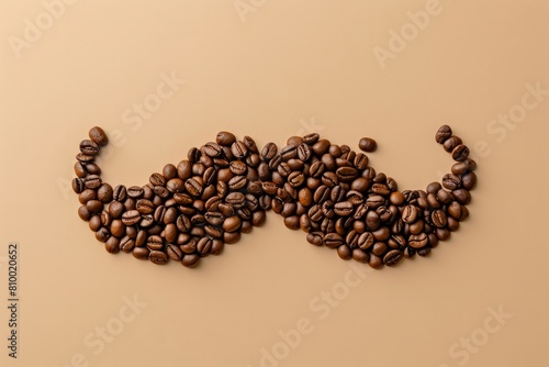 Mustache shape made of coffee beans on beige background