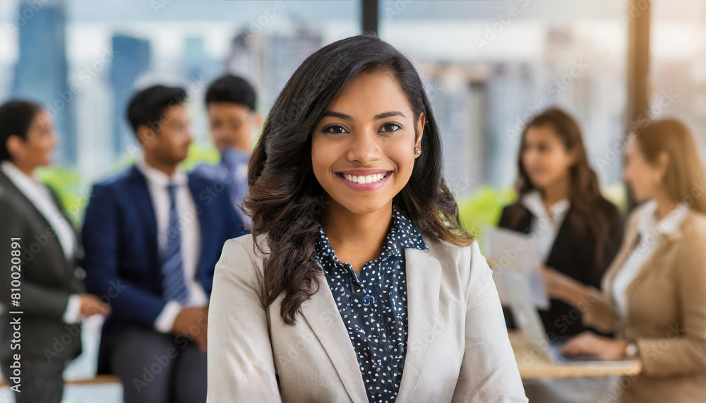 young businesswoman in office with colleagues in the background young businesswoman in office with colleagues in the background