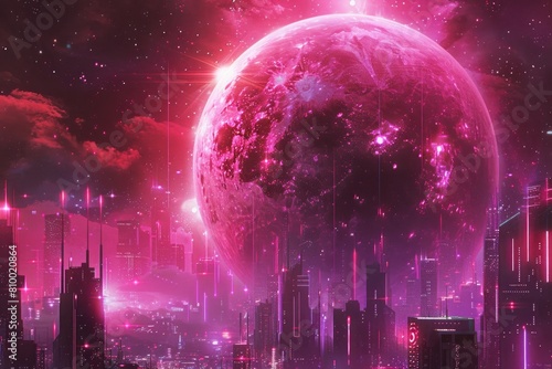 A futuristic cityscape at night with a pink moon in the sky. Suitable for sci-fi and fantasy themes