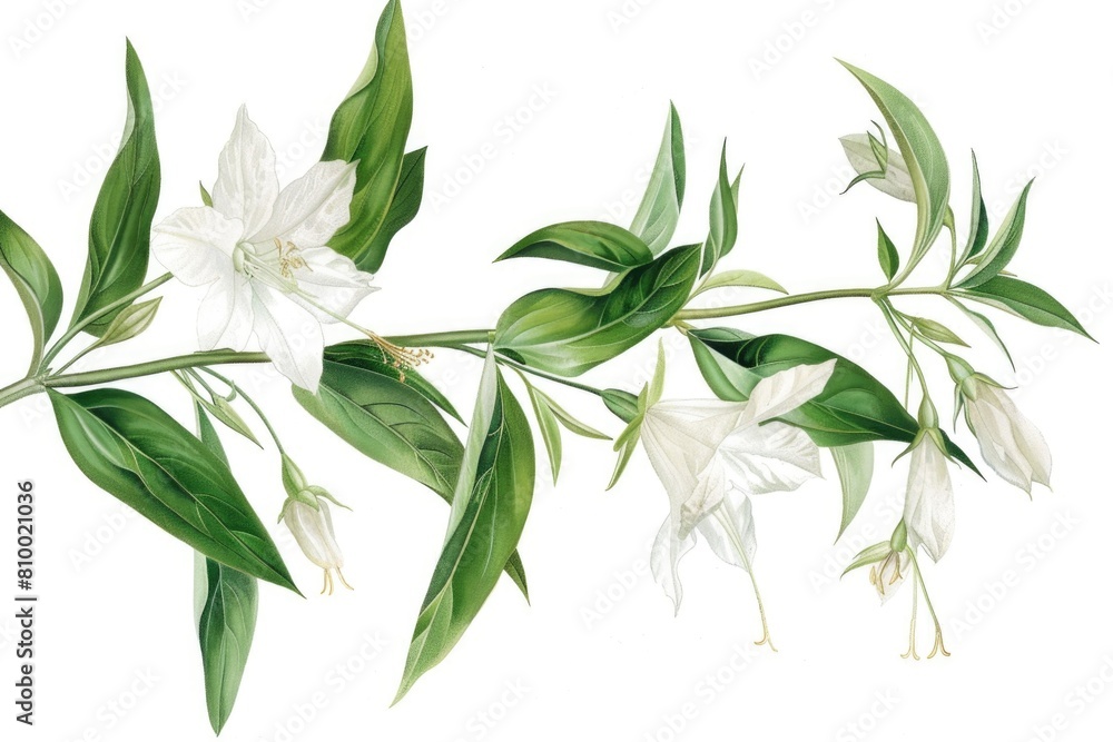 A beautiful painting of white flowers and green leaves. Perfect for home decor or botanical designs A beautiful painting of white flowers and green leaves. Perfect for home decor or botanical designs