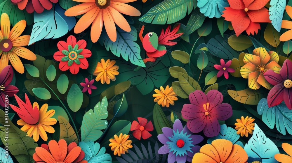 A seamless pattern with colorful flowers and leaves, their vibrant colors creating an explosion of color on the dark green background. Artwork.