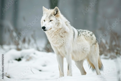 White wolf in the winter forest    Canis lupus 