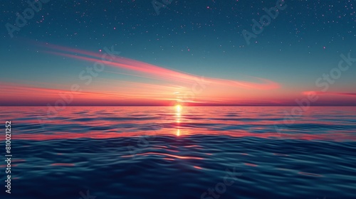 Radiant sunset over the calm sea with stars beginning to appear in the twilight sky.