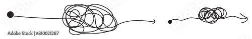 
Complex and easy simple way from start to end, path from point A to B with black thread. Chaos mind brain, problem solving and business solution searching challenge concept. Hand drawn vector doodle 