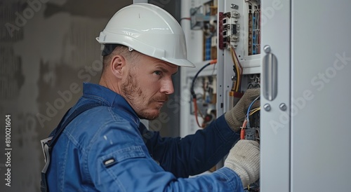 Professional electrician repairing works in a switchboard with an electrical connecting cable