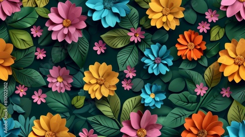A seamless pattern with colorful flowers and leaves  their vibrant colors creating an explosion of color on the dark green background. Artwork.
