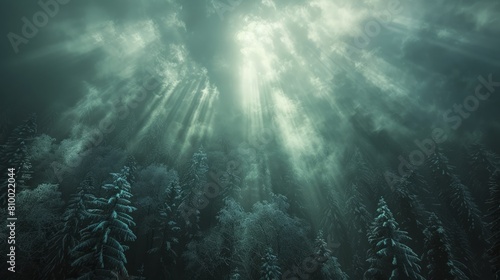 Snow gently falls over dense pine forest in winter  sunlight piercing through thick clouds above.