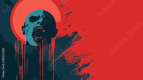 Horrifying zombie head with blood dripping against a stark red backdrop and full moon