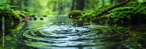 A lush watershed during a rainy day  with raindrops creating ripples on the surface of the water  captured using a fast shutter speed to freeze the motion