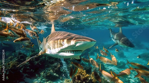 A grey reef shark and a school of yellowfin goatfish swim near a coral reef. photo