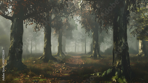 A misty morning in a deciduous forest, with fog enveloping the trunks of tall oak trees and the soft, damp earth rich with the scent of moss and decaying leaves photo