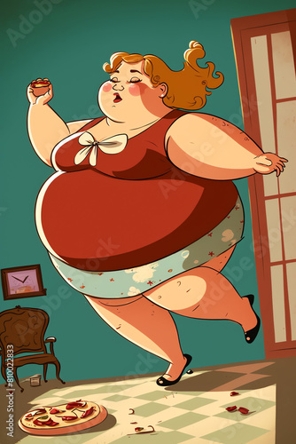 Overweight woman cartoon. Confident plus size beauty. Healthy sport lifestyle