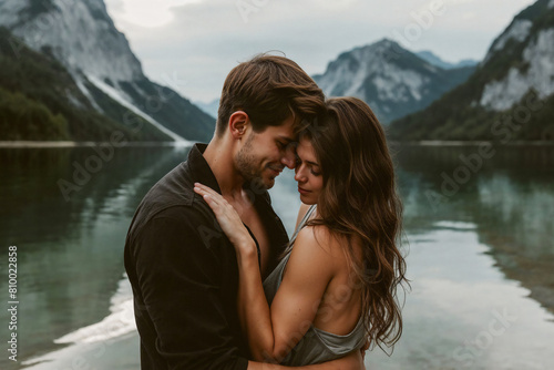 lovely couple at a lake with mountains background