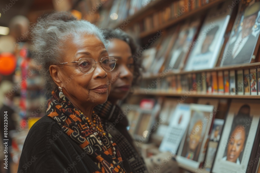 Two elderly women with glasses explore a library, sharing a moment of intellectual connection and learning. Two elderly women with glasses explore a library, sharing a moment of intellectual connection and learning.