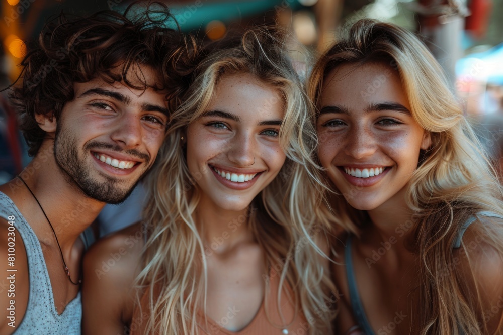A diverse group of young friends share a joyous moment together at a colorful summer festival. A diverse group of young friends share a joyous moment together at a colorful summer festival.