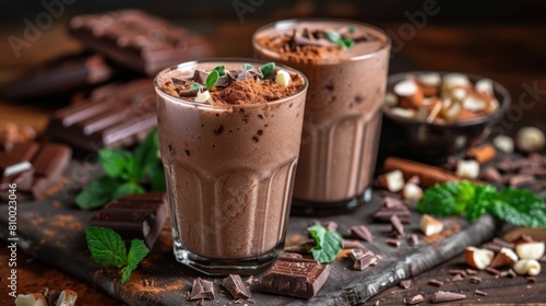 A decadent chocolate milkshake made with chocolate ice cream, milk, and chocolate syrup, topped with whipped cream, chocolate shavings, and a cherry.