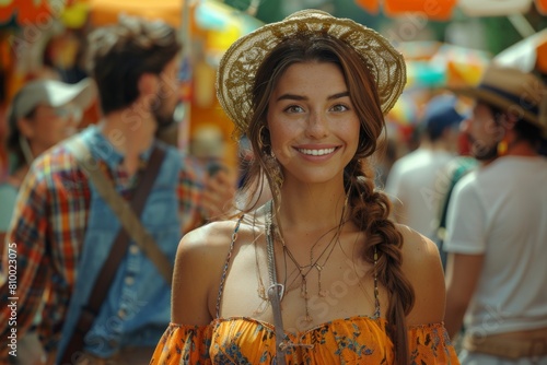 A cheerful young woman in a straw hat smiles brightly at a vibrant street fair, embodying the joy of summer.