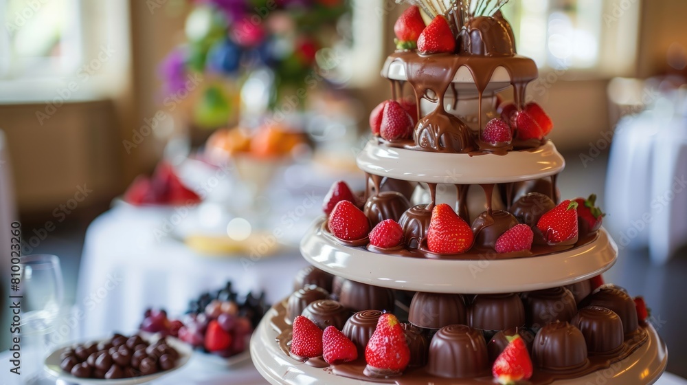 A three-tiered chocolate fountain with strawberries and other fruit. A three-tiered chocolate fountain with strawberries and other fruit.