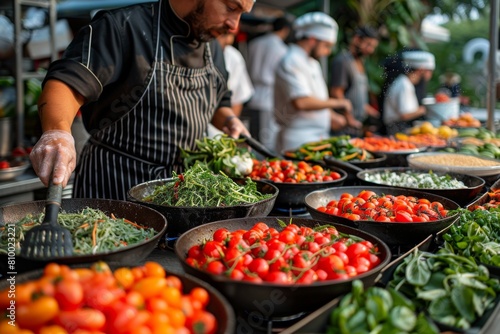 Chefs preparing a variety of dishes in a bustling outdoor market setting, with focus on fresh ingredients.