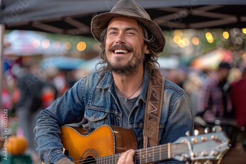 A street musician in a cowboy hat playing guitar, smiling joyfully while performing at an outdoor market. photo