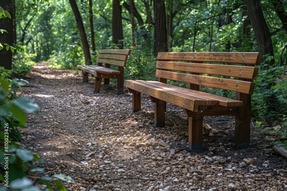 A peaceful scene of wooden benches lined up along a gravel path in a lush green forest, inviting relaxation. A peaceful scene of wooden benches lined up along a gravel path in a lush green forest, inviting relaxation.