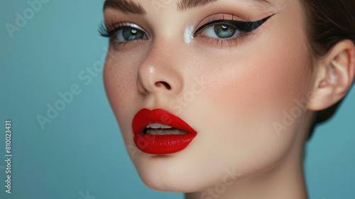 The woman has flawless skin  with her right eye facing the camera. She is wearing dark eyeliner and false eyelashes  with her lips painted bright red.