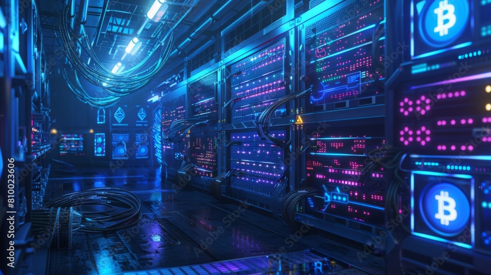 Rows of illuminated servers dedicated to Bitcoin mining operations in a dark data center corridor, showcasing blockchain technology.