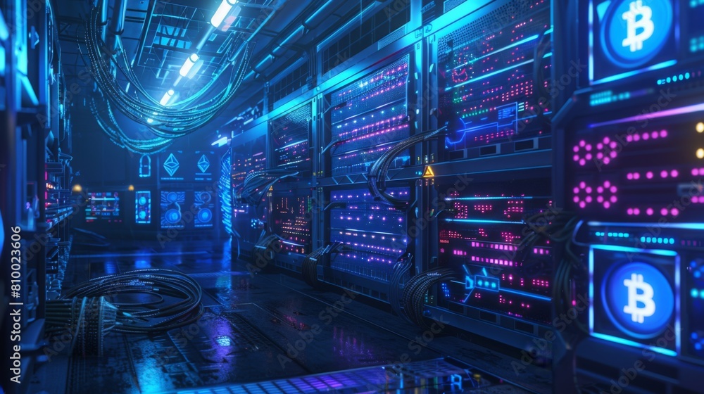 Naklejka premium Rows of illuminated servers dedicated to Bitcoin mining operations in a dark data center corridor, showcasing blockchain technology.