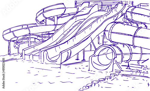 Water park, water slides, tube rides. Ink sketch aquapark