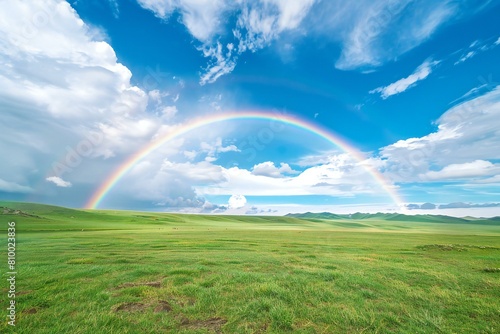 Beautiful rainbow over green grassland under blue sky with white clouds
