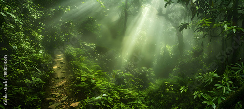 A mysterious path winding through a cloud forest  covered in mist  with rays of sunlight piercing through the dense canopy