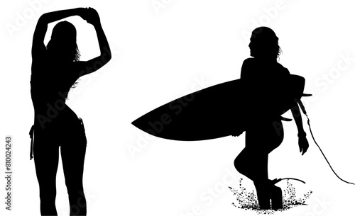 surfistas, contraluz, vector, tabla, surf, mar, atardecer, mujer surfista, silueta, tablista, ilustracion, arte surf, rosa, surfista en la playa, chica surf, mujer