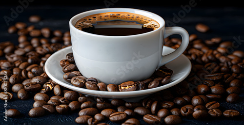 A white coffee cup with a white saucer sits on a table with a pile of coffee bea
