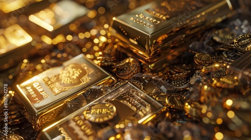 A close-up of stacked gold bars with intricate details, alongside various gold coins. photo