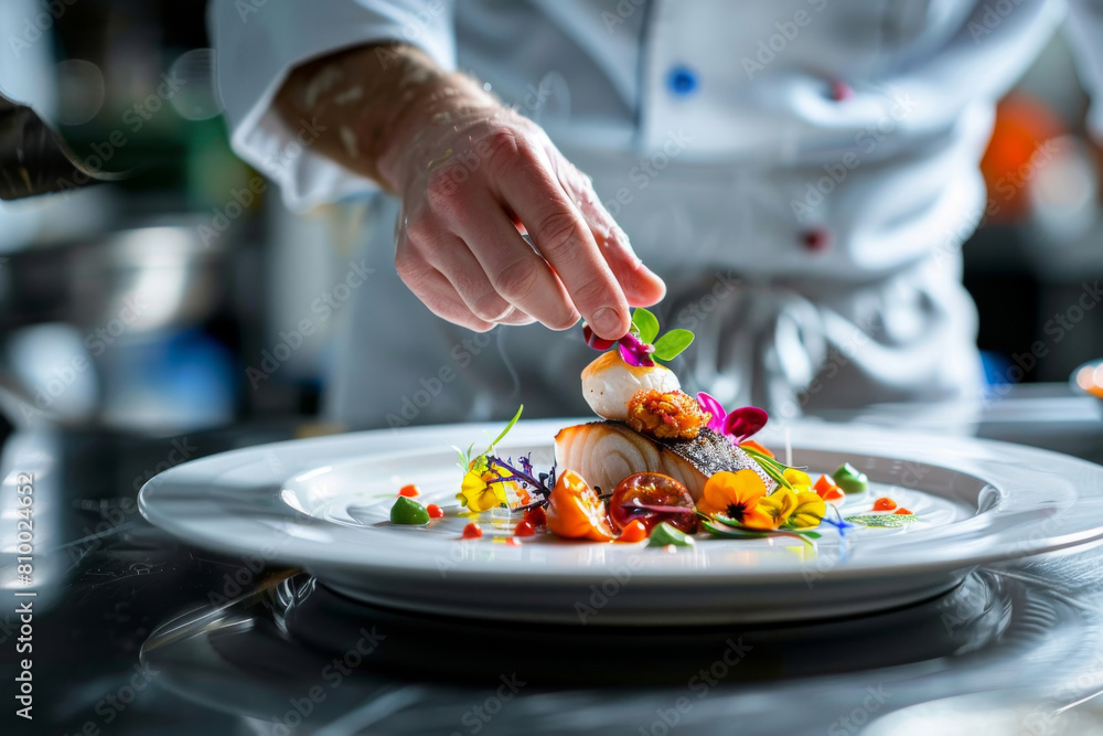 Chef preparing a plate of food with a garnish on top Chef preparing a plate of food with a garnish on top